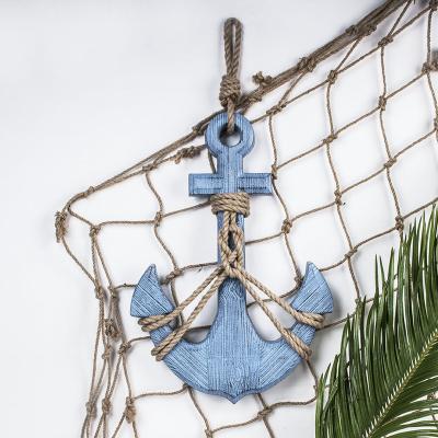 China 2022 Fashionable Antique Blue Wrap Knotted Rope Beach Decorative Wooden Anchor Wall Pendants for sale