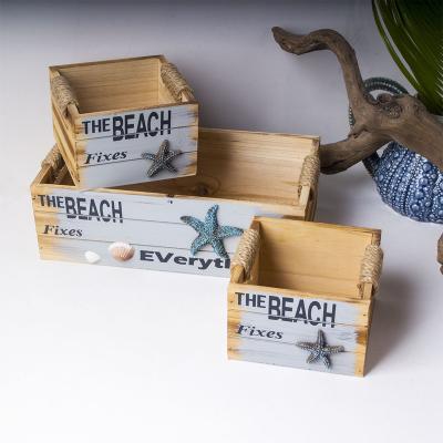 China Europe New Color Antique Beach Style With Sea Accessories MDF Set Of Three Storage Boxes Serving Tray for sale