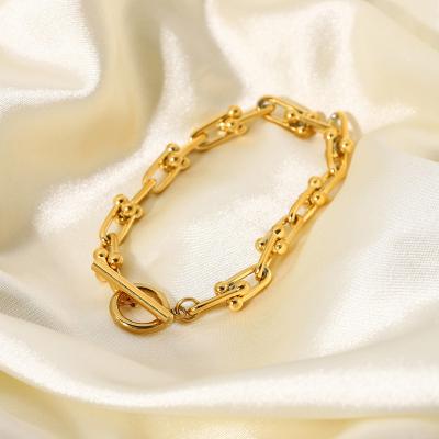 China CLASSIC Double Layer 14K Gold Plated Stainless Steel Chain Cuban Chain Bracelet For Women for sale