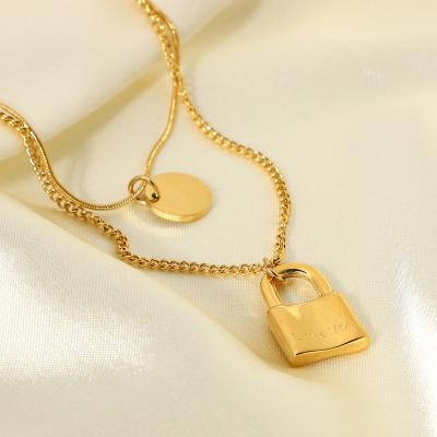 China Romantic Fashion 18K Gold Plated 316L Stainless Steel Lock Pendant Layered Necklace For Women for sale