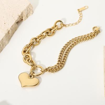 China New Trend CLASSIC 14K Gold Plated Stainless Steel Chain Bracelets For Women Stitching Ring Smooth Heart Pendant Bracelet for sale