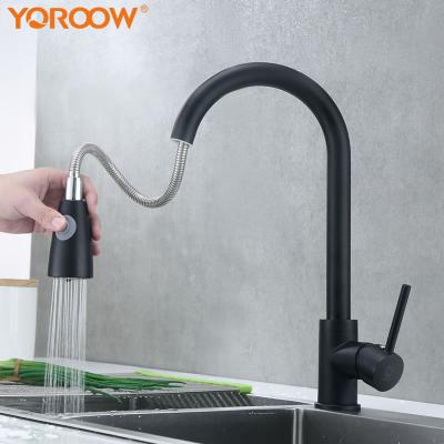 China Good Quality Thermostatic 59 Body Kitchen Sink Faucets Brass Faucets With Pull Down Single Sprayer Handle Black Color Pull Out Kitchen Faucet for sale