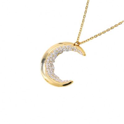 China New Fashion 18k Gold Cubic Zirconia Stainless Steel Lead Free Nickel Free Crescent Moon Shape Pendant Necklace for sale