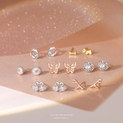 China Korean Style Lead Free Nickel Free Sterling Silver Cubic Zircon Flower Earring S925 Geometric Micro Pave CZ Animal Butterfly Dog Stud Earring for sale