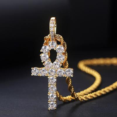 China Egyptian Style Jewelry 18k Gold Lead Free Nickel Free Plated Stainless Steel Iced Out Bling Bling CZ Diamond Ankh Cross Pendant Necklace for sale