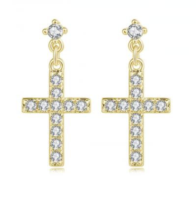 China 925 Sterling Silver Lead Free Nickel Free 18k Curved Cross Stud Earrings CZ Gold Plated Diamond Cross Stud Earrings For Women for sale