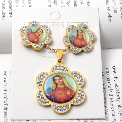 China New Cute Religious Women's 316L Stainless Steel Jewelry Party, Virgin Mary Rhinestone Earrings Pendant Necklace Set For Women for sale