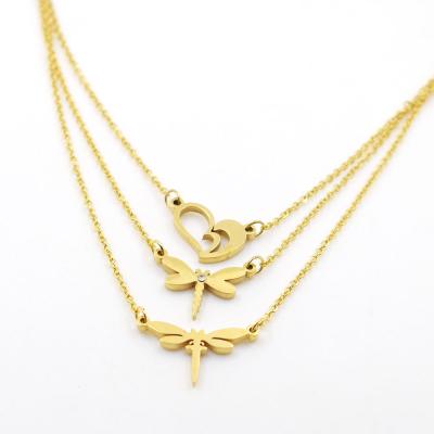 China TRENDY Cute Necklace Gold Stainless Steel Party Gift,Dragonfly Heart Pendant Necklace Set For Wedding For Mother Gift for sale