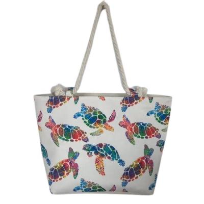 China Wholesale Large Capacity Shopping Bag Manufacturer Sea Turtle Design Selling Simple Printed Girl Shoulder Tote Canvas Beach Bag With Rope Handle for sale