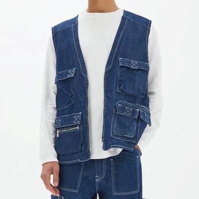 China New Arrival Fashion Custom QUICK DRY Blue Cargo Duty Vest Multiple Pockets Zipper Tying Sleeveless Denim Vest for sale