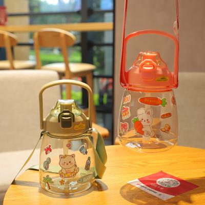 China Sustainable Custom Fashion Children Bottle Water 1300ml Cartoon Printed Big Belly Water Bottles With Straw And Handle for sale