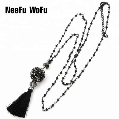 China NeeFu WoFu Handmade Black Crystal Wrapped Beaded Bohemian Tassel Necklace 2mm Long Necklaces Large Rhinestone Ball Pendant Necklace 20mm Long for sale