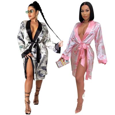 China Hot Selling Women's Dollar Print Cardigan Housewear Bathrobes Ladies QUICK DRY Loose Long Robe Sexy Spring Silk Satin Nightgown Pajamas for sale