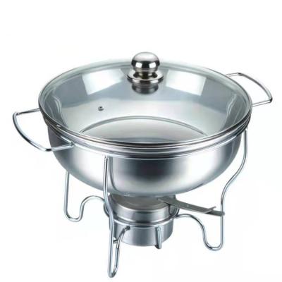 China Stylish Chafing Dish Hotel Restaurant Supply Round Shape Buffet Stove Keap Heating Food Warmer With Tray Glass Hanging Serving Pot for sale