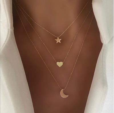 China TRENDY Hot Selling Star Moon Heart Choker Pendant Necklace For Women Multi Layers Gold Plated Gift Jewelry for sale