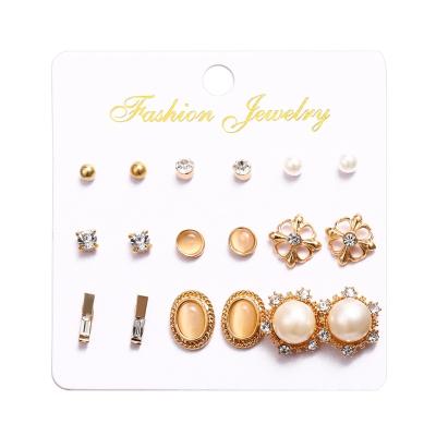 China 9 Pairs Fashion Trendy Korean Rhinestone Pearl Gold Plated Earrings Set Crystal Earring With Card Holder for sale