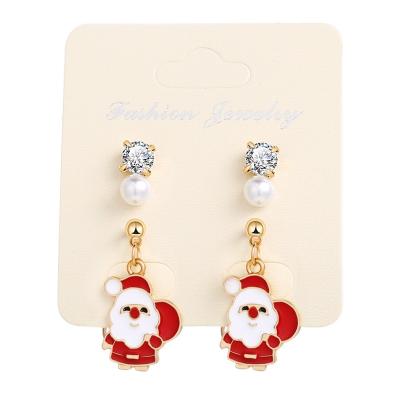 China Fashionable Quick Ship Christmas Gold Plated Santa Claus Dangle Crystal and Pearl Stud Earrings For Girls Jewelry for sale