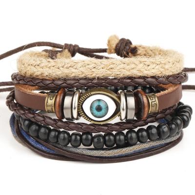 China BOHEMIA PU Beads Bracelet Multilayer Leather Adjustable Bracelet Beaded Bracelet For Men Fashion Bohemian Eye Charm for sale