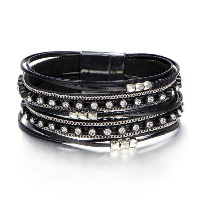 China BOHEMIA Fashion Bohemia Leather Bracelet with Multilayers Crystal Jewelry Gift Bracelets with Magnetic Clasp for sale