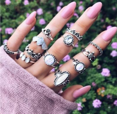 China CLASSIC Vintage 12 Pcs Jewelry Set Turtle Cut Out Mixed Designs Silver Finger Nail Ring For Girl With Big Gemstone for sale