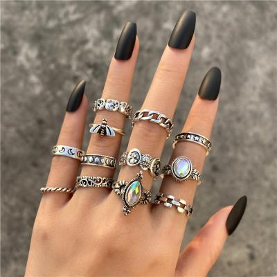 China 2022 Fashion TRENDY Vintage Hip Hop Snake Skull Rings Set 12Piece Set Mens Womens Butterfly Chain Rings Punk Silver Plated Jewelry Gift for sale