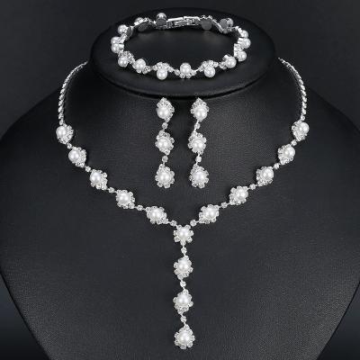 China FINETOO Classic Shiny Zircon Pearl Accessories Necklace Earrings Bracelet Set Suitable Wedding Party Jewelry Sets for sale