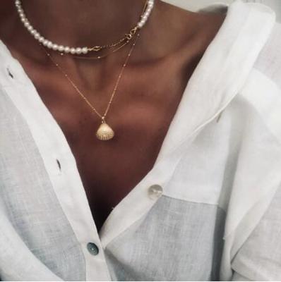 China Vintage Vintage Pearl Necklaces For Women Fashion Multilayer Coin Shell Knot Pearl Chain Necklace Cross Choker Trendy Jewelry for sale