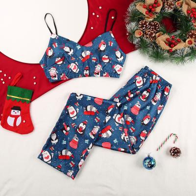 China Christmas Gift QUICK DRY Custom Wholesale Holiday Printed Pajamas 2 Pcs Pants Satin Christmas Silk Pajamas for sale