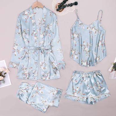 China Fast Shipping QUICK DRY 1-3 Days Silk Floral Print Satin Sleepwear Pajamas Women for sale