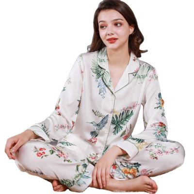 China Breathable 2 Piece Casual Pajamas Sets Pattern Floral Printed Long Sleeve Satin Silky Sleepwear Pajamas Sets Pants for sale