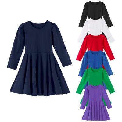 China Anti-Wrinkle Autumn Plain Cotton Long Sleeve Knee Length Multi Colors Customized Kids Girls Twirl Dress for sale