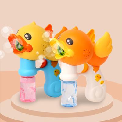 China Kids Summer Outdoor Play Set Battery Operated Yellow Duck Cartoon Bubble Gun Toys Multifunctional Backyard Outdoor Play Light Bubble Gun With Music for sale