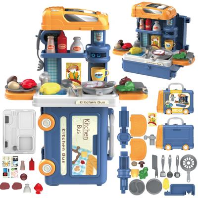 China Eco-Friendly 32pcs 3in1 Non-Toxic Kitchen Bus Pretend Play Toys Cooking Multifunctional Toy Kids Play Kitchen Set with Rich Accessories for sale