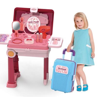 China With 2 Colors Mix Girls 4in1 Rolling Suitcase Cosmetic Pretend Toy Dressing Table Toys Emulational Princess Makeup Toys For Kids for sale