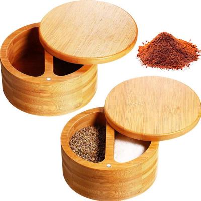 China Eco Friendly Sustainable Custom Logo Bamboo Spice Seasoning Storage Condiment Box With Magnetic Swivel Lid Bamboo Salt Box for sale