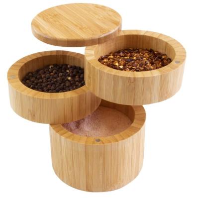 China Sustainable Wholesale Bamboo Wooden Round Salt Storage Box With Lids for sale