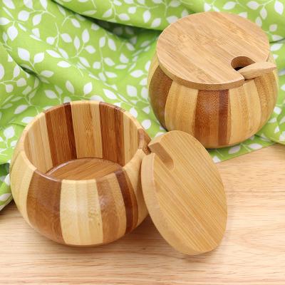 China Sustainable high quality smooth surface bamboo box of salt and spice round seasoning storage box natural color for sale