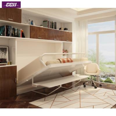 China Foldable Side Floding Smart Bed With Shelf Simple Metal Bedroom Furniture Wooden Wall Bed With Wooden Frame for sale