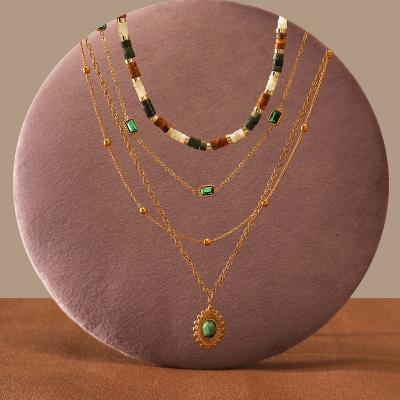 China European and American style New Fashion Bohemian Oval Pendant Natural Stone Stainless Steel  Handmade Chokers Necklace Women Jewelry Green Crystal Necklace for sale