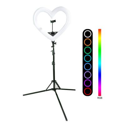 China 2020 New Arrival 19 Inch RGB Adjustable Shine Ringlight Modes Makeup Heart Shaped Selfie Selfie Led Ring Light With Tripod Stand And Phone Holder for sale