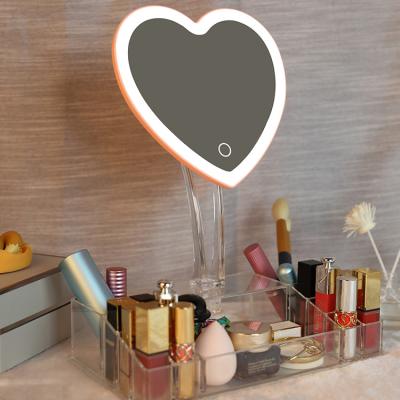 China Factory wholesale hot sale heart shape lighted led makeup mirror with touch screen+tools storage box mirror with led lights makeup for sale