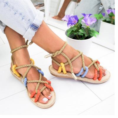 China 2021 New Style Waterproof Sexy Women Hemp Rope Flat Sandals Lace Up Platform Sandals for sale