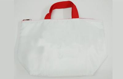 China Spacious White Polyester Zipper Reusable Shopping Bags with Red Handle for sale