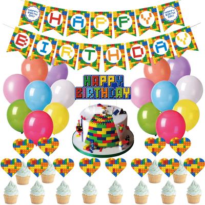 China Custom China Nicro Party Decoration Building Block Banner Cake Topper Balloon Birthday Party Supplies Decoration Set for sale