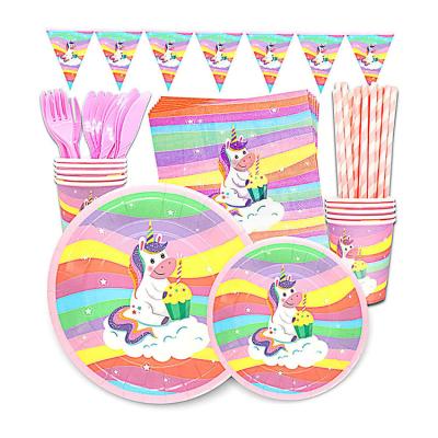 China Indoor Unicorn Themed Party Tableware Set Nicro Kid's Birthday Party Decoration Rainbow Supplies for sale