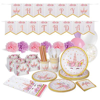 China Europe Nicro 12 Guest Baby Unicorn Theme Happy Birthday Party Decoration Supplies Pack Unicorn Paper Tableware Set for sale