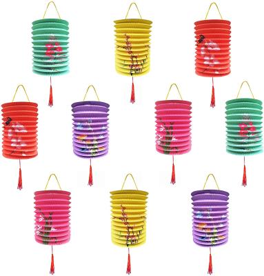 China Europe Nicro Latest Chinese Style Prom Printed Accordion Paper Lantern Autumn LED Colorful Cylindrical Mid Candle Lantern for sale