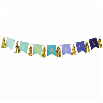 China Multicolor Hanging Nicro Baby Shower Birthday Its A Boy Pennant Flag Party Banner With Tessals for sale