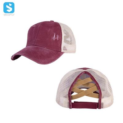 China Gorras JOINT Custom Embroidery Cotton Ponytail Baseball Cap Simple Sports Hats Mesh Distressed Trucker Hat for sale