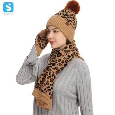 China Long Fashion Winter Women's Wool Warm Touchscreen Gloves Set Pom Pom Beanie Knitted Leopard Scarf Hat Thickly for sale